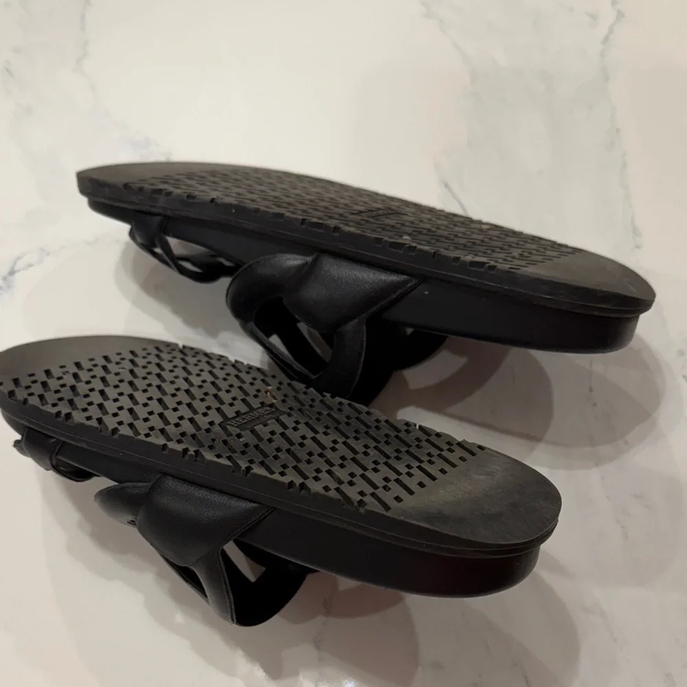 Hermès Black Double-strap Leather Slide Sandals - Picture 6 of 7